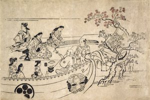 上野の桜の下の音楽、1680年頃（版画） 作： Hishikawa Moronobu